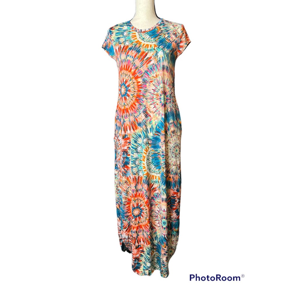 New Acting Pro Maxi Dress in Orange Blue Multicolor Starburst Print Size Small